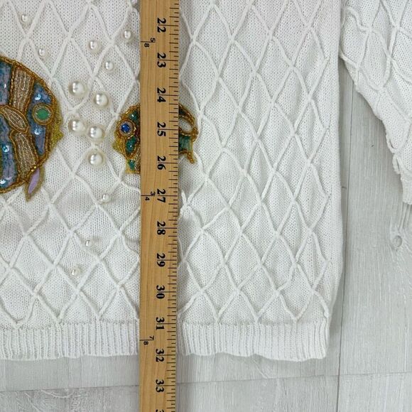 Vtg 90s Cache Handknit Sweater S Pearl Sequin Embellished Ramie Under the Sea - Picture 13 of 14